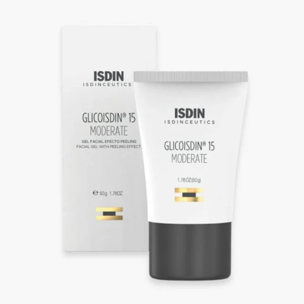 Tube blanc et étui ISDIN Isdinceutics Glicoisdin 15 Moderate gel 50g