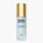 Flacon pompe bleu pâle à capuchon doré ISDIN Isdinceutics Hyaluronic Concentrate