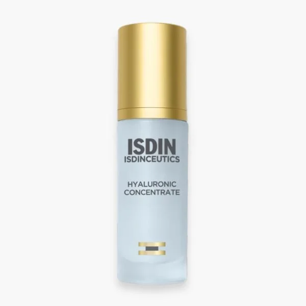 Flacon pompe bleu pâle à capuchon doré ISDIN Isdinceutics Hyaluronic Concentrate