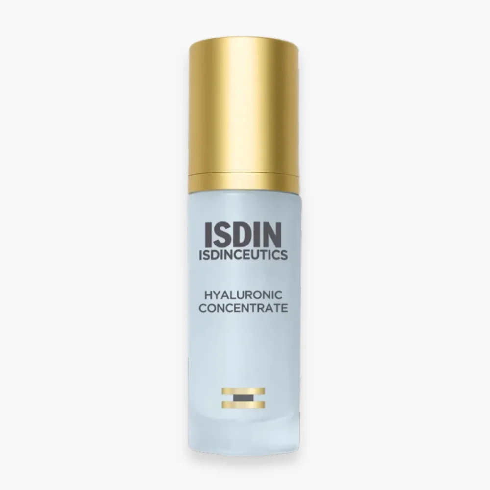 isdin-isdinceutics-hyaluronic-concentrate-serum-30ml.jpg Flacon pompe bleu pâle à capuchon doré ISDIN Isdinceutics Hyaluronic Concentrate