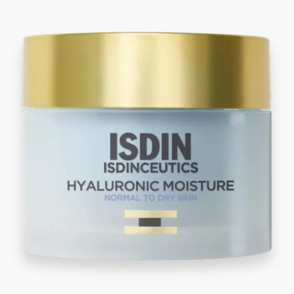 isdin-isdinceutics-hyaluronic-moisture-creme-hydratante-peau-normale-a-seche-50g-destockage.jpg Pot bleu à couvercle doré ISDIN Isdinceutics Hyaluronic Moisture peaux normales sèches