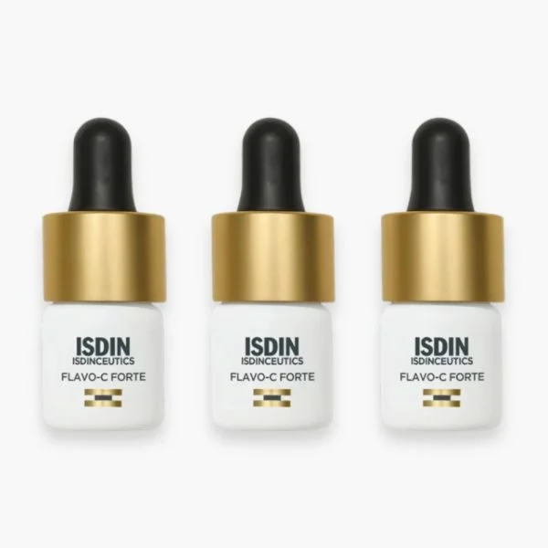 Trois petits flacons blancs compte-gouttes dorés ISDIN Isdinceutics Flavo-C Forte