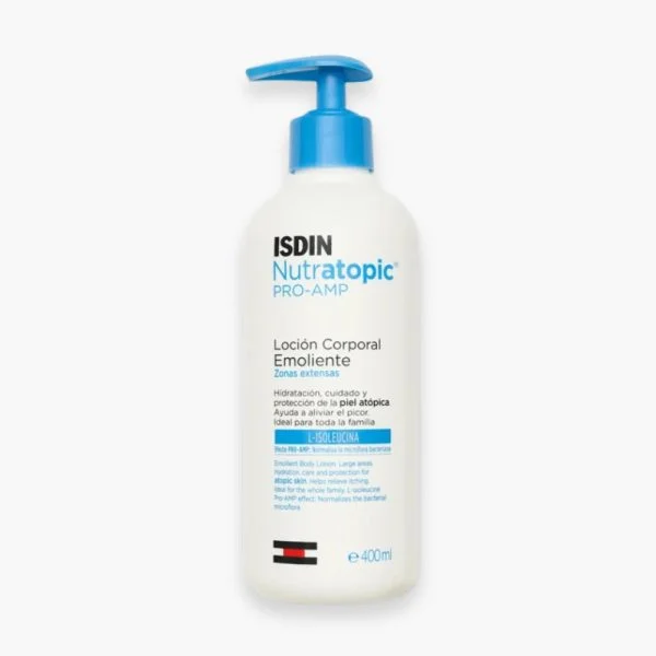 Flacon pompe blanc ISDIN Nutratopic Pro-AMP lotion corporelle émolliente 400 ml