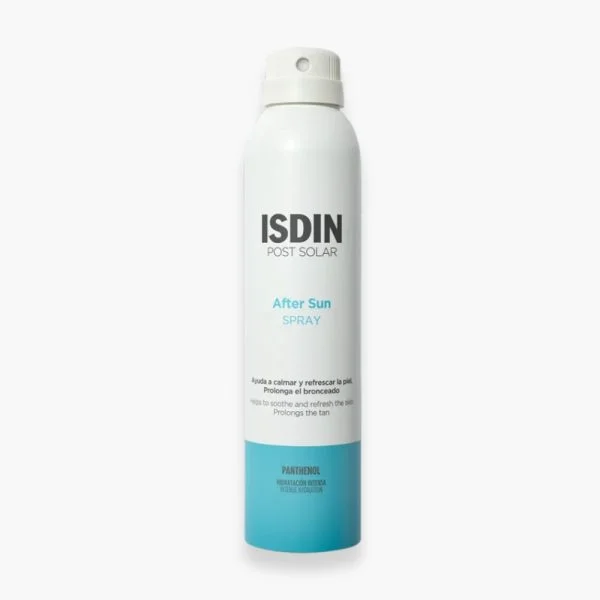 Aérosol blanc et bleu ISDIN Post Solar After Sun spray après-soleil 200 ml