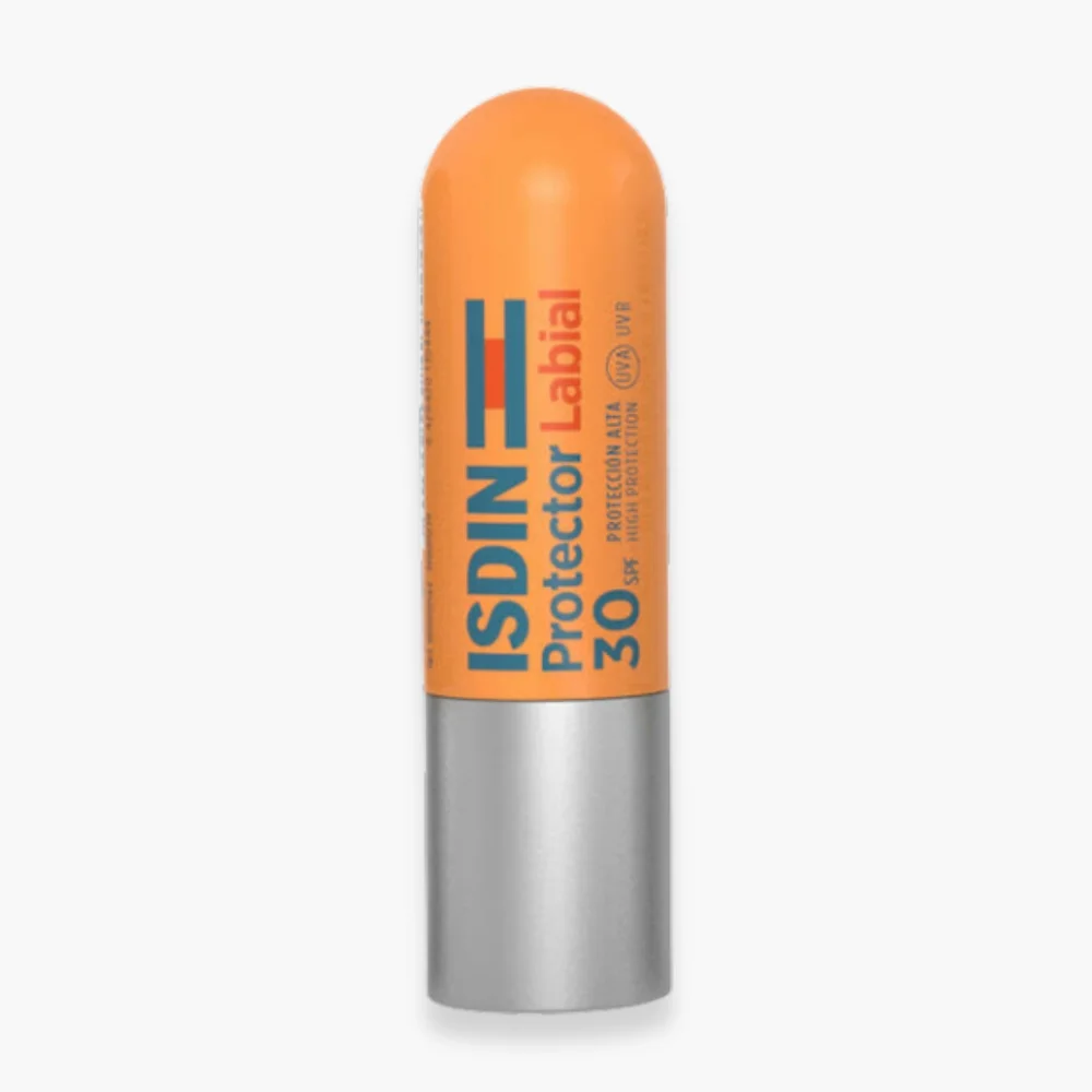 isdin-protector-labial-baume-a-levres-solaire-spf30-4g.jpg Stick orange ISDIN Protector Labial SPF30, capuchon argenté, baume à lèvres solaire