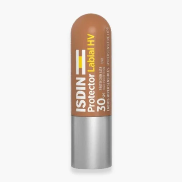 Stick brun ISDIN Protector Labial HV SPF30, capuchon argenté, baume à lèvres