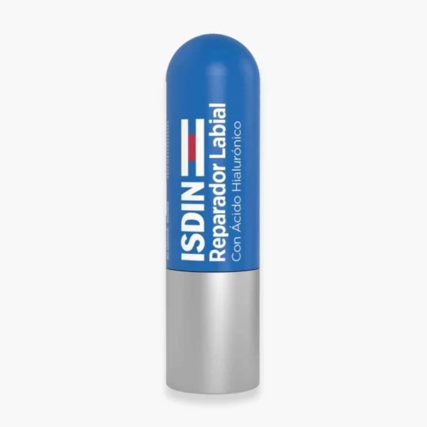 Stick bleu ISDIN Reparador Labial, capuchon argenté, baume à lèvres réparateur