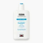 Flacon blanc ISDIN Shampoo Daylisdin ultra-doux 400 ml, bandeau bleu