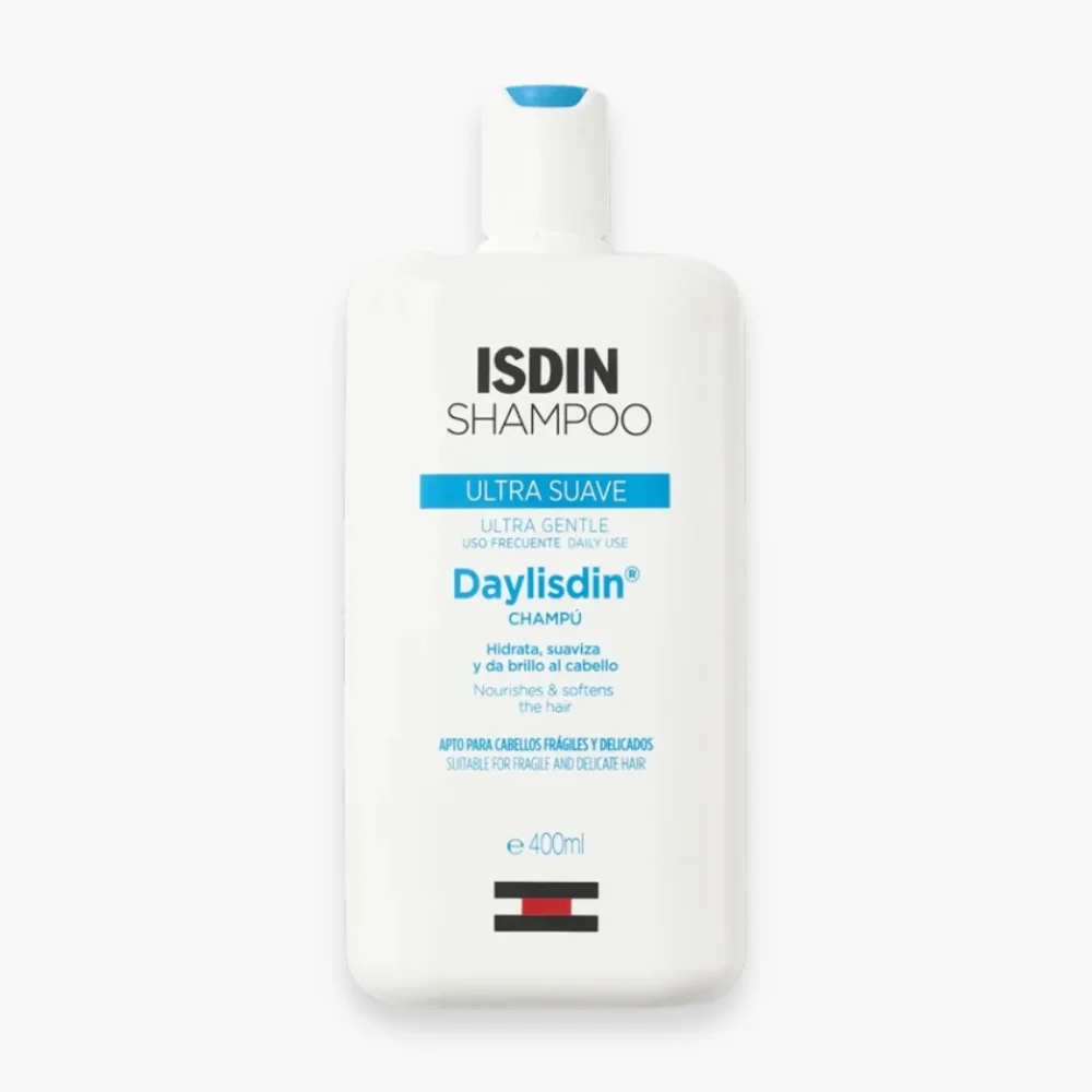 isdin-shampoo-shampoing-daylisdin-ultra-doux-400ml.jpg Flacon blanc ISDIN Shampoo Daylisdin ultra-doux 400 ml, bandeau bleu