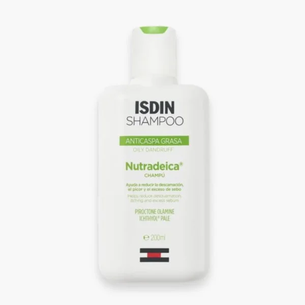 Flacon blanc ISDIN Shampoo Nutradeica pellicules grasses 200 ml, bandeau vert