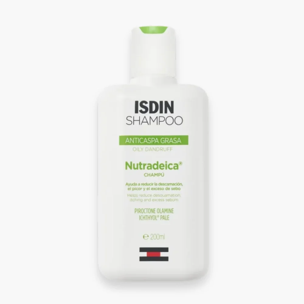 isdin-shampoo-shampoing-nutradeica-antipeliculaire-pellicules-grasses-200ml.jpg Flacon blanc ISDIN Shampoo Nutradeica pellicules grasses 200 ml, bandeau vert