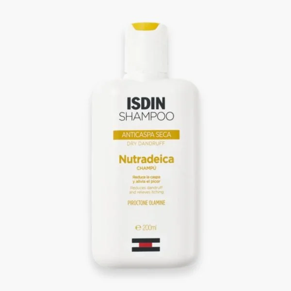 Flacon blanc ISDIN Shampoo Nutradeica pellicules sèches 200 ml, bandeau jaune