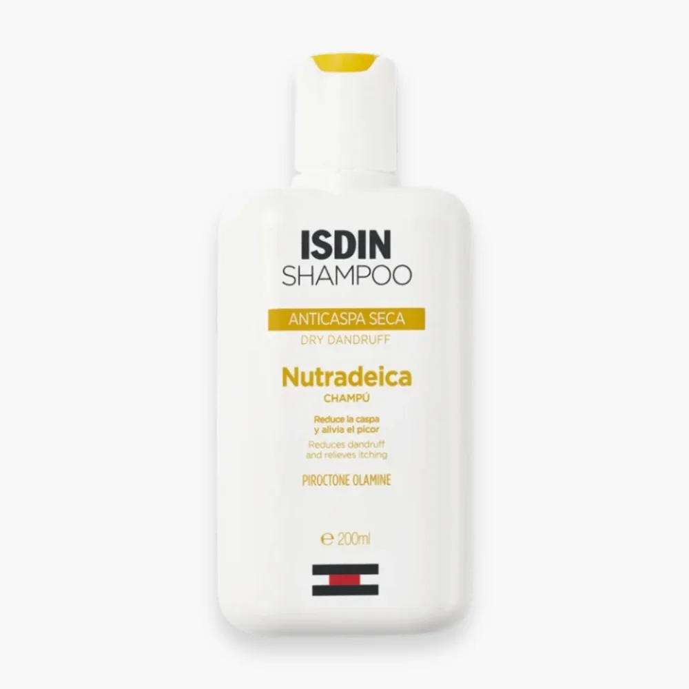 isdin-shampoo-shampoing-nutradeica-antipelliculaire-pellicules-seches-200ml.jpg Flacon blanc ISDIN Shampoo Nutradeica pellicules sèches 200 ml, bandeau jaune