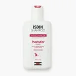 Flacon blanc ISDIN Shampoo Psorisdin antidesquamation 200 ml, bandeau rouge