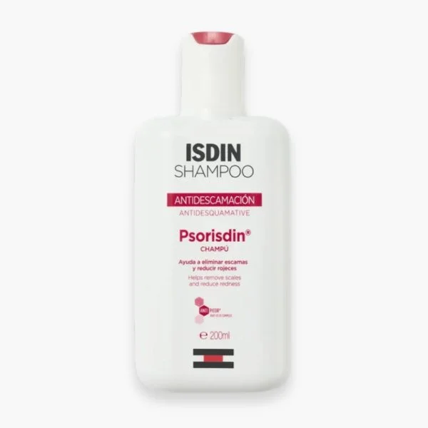 Flacon blanc ISDIN Shampoo Psorisdin antidesquamation 200 ml, bandeau rouge