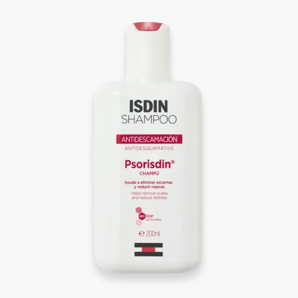 isdin-shampoo-shampoing-psorisdin-antipeliculaire-200ml.jpg Flacon blanc ISDIN Shampoo Psorisdin antidesquamation 200 ml, bandeau rouge