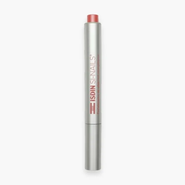Stylo argenté ISDIN Si-Nails fortifiant ongles avec embout pinceau rouge
