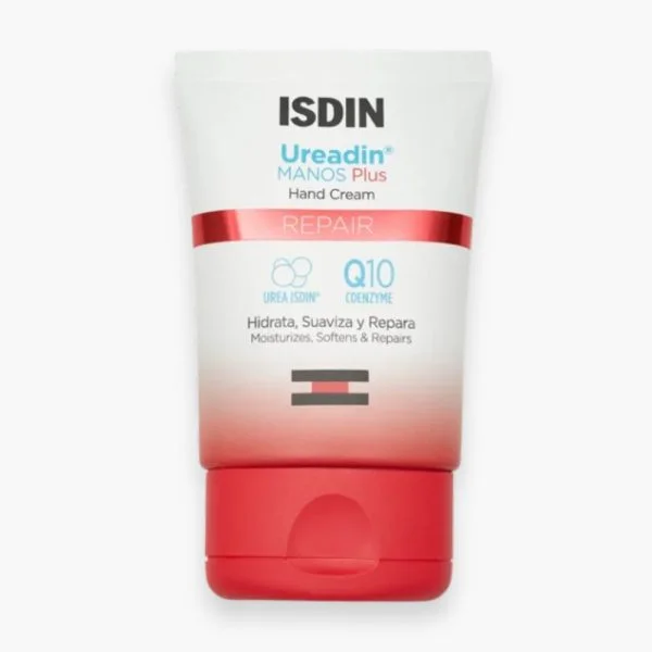 Tube blanc et rouge ISDIN Ureadin Manos Plus Repair crème mains, bouchon rouge