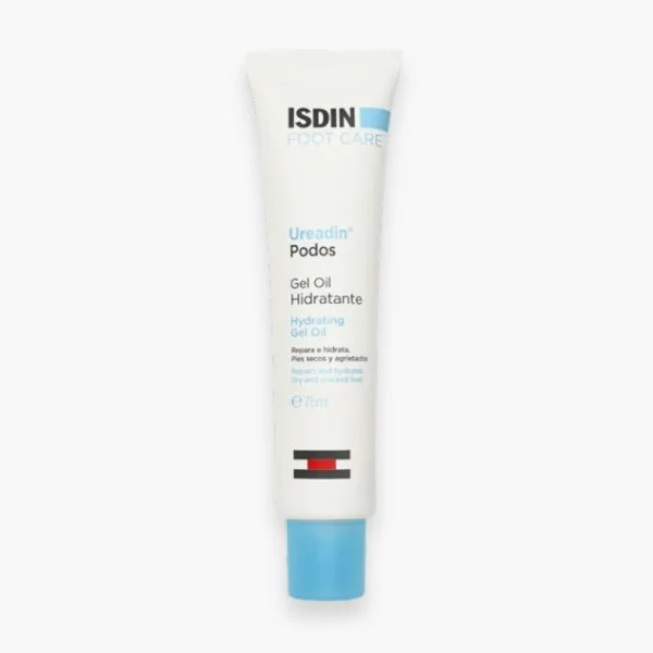 Tube blanc ISDIN Foot Care Ureadin Podos gel-huile hydratant 75 ml, bouchon bleu