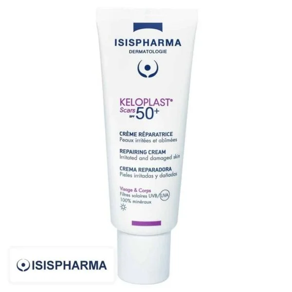 Tube blanc Isispharma Keloplast Scars SPF50+ crème réparatrice visage et corps