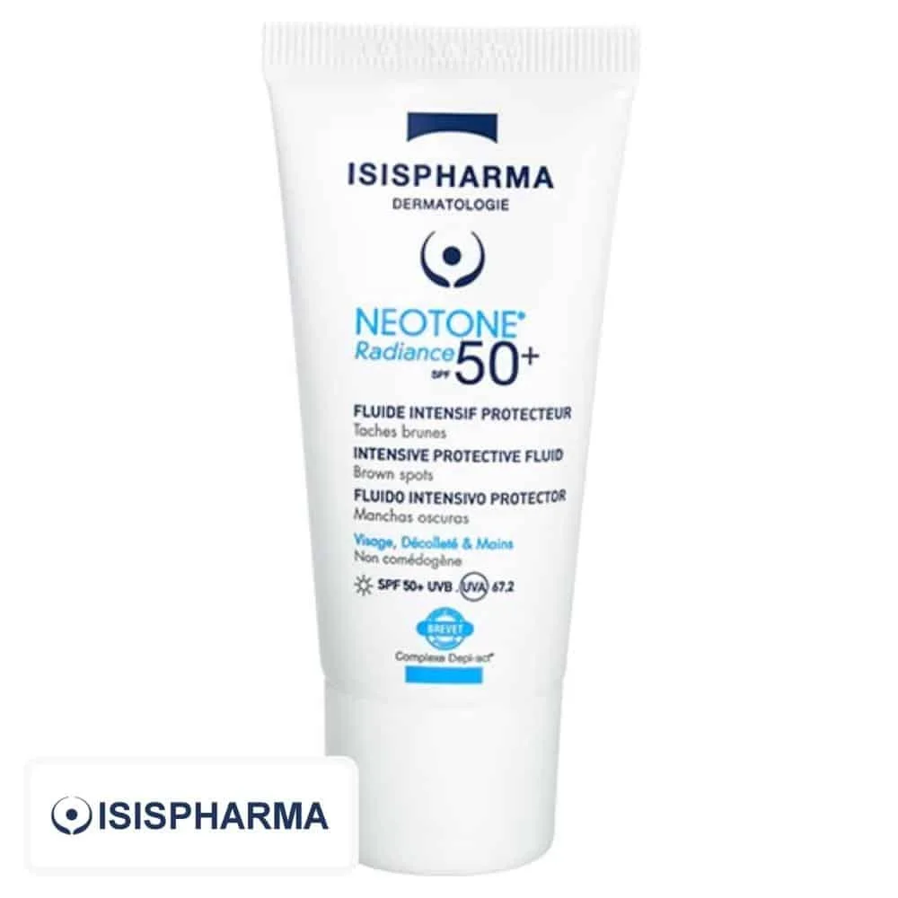 isispharma-neotone-radiance-spf50-fluide-intensif-protecteur-30ml.jpg Tube blanc Isispharma Neotone Radiance SPF 50+ fluide intensif protecteur 30 ml