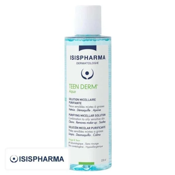 Flacon transparent bleu Isispharma Teen Derm Aqua solution micellaire purifiante 250 ml
