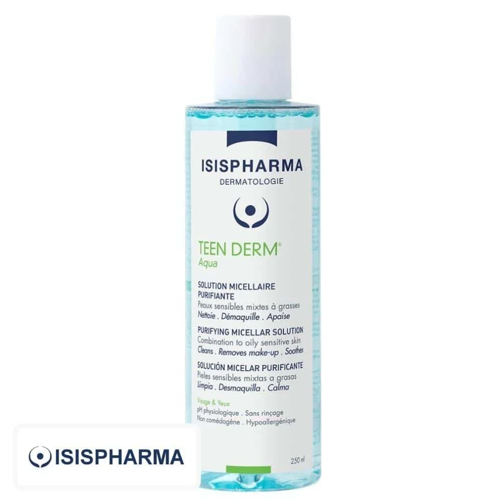 isispharma-teen-derm-aqua-solution-micellaire-purifiante-250ml.jpg Flacon transparent bleu Isispharma Teen Derm Aqua solution micellaire purifiante 250 ml
