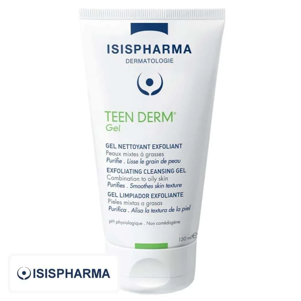 isispharma-teen-derm-gel-nettoyant-exfoliant-150ml.jpg Tube blanc Isispharma Teen Derm gel nettoyant exfoliant 150 ml peaux grasses