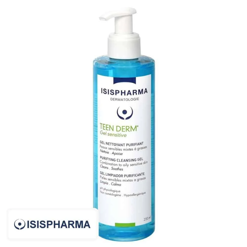 isispharma-teen-derm-sensitive-gel-nettoyant-purifiant-250ml.jpg Flacon pompe bleu Isispharma Teen Derm Gel sensitive nettoyant purifiant 250 ml