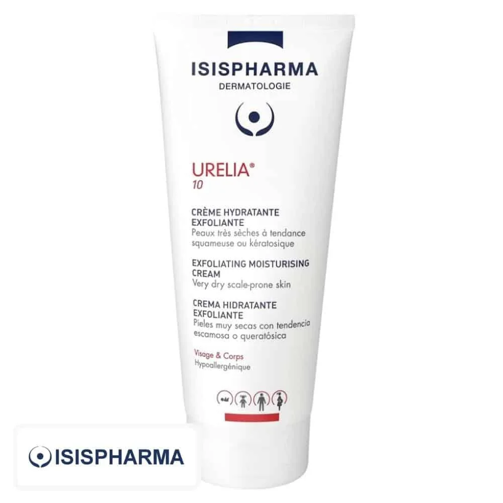 isispharma-urelia-10-creme-hydratante-exfoliante-150ml.jpg Tube blanc Isispharma Urelia 10 crème hydratante exfoliante visage et corps