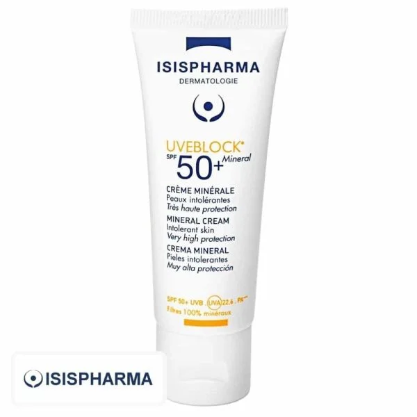 Tube blanc Isispharma Uveblock crème minérale SPF 50+ filtres minéraux 40 ml