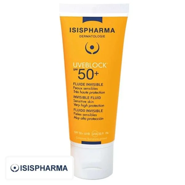 Tube orange Isispharma Uveblock SPF 50+ fluide invisible peaux sensibles 40 ml