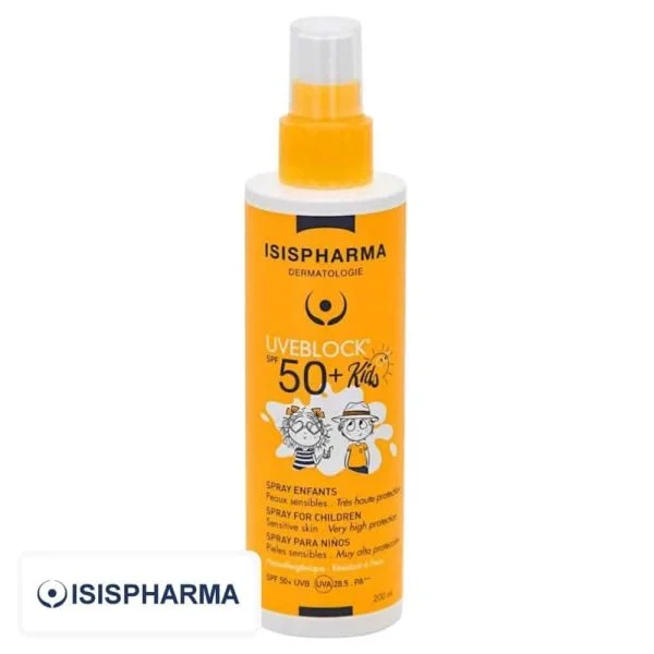 Flacon spray orange Isispharma Uveblock Kids SPF 50+ enfants 200 ml