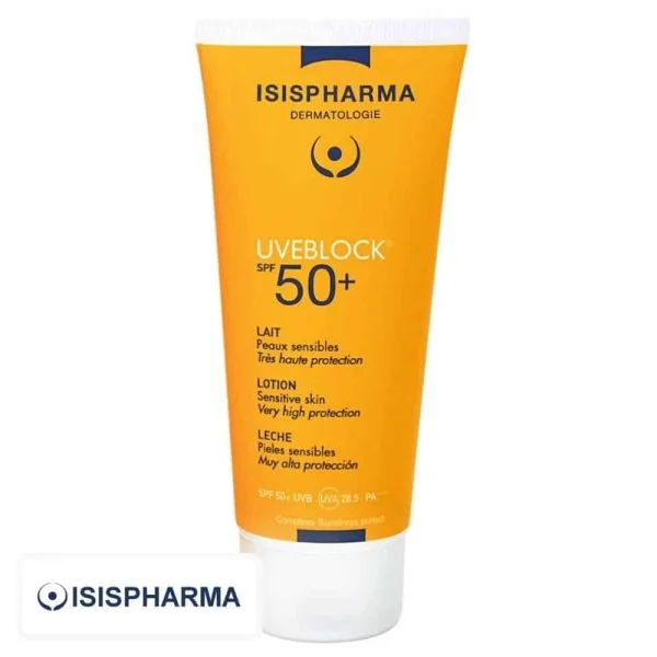 Tube orange Isispharma Uveblock SPF 50+ lait solaire peaux sensibles 100 ml