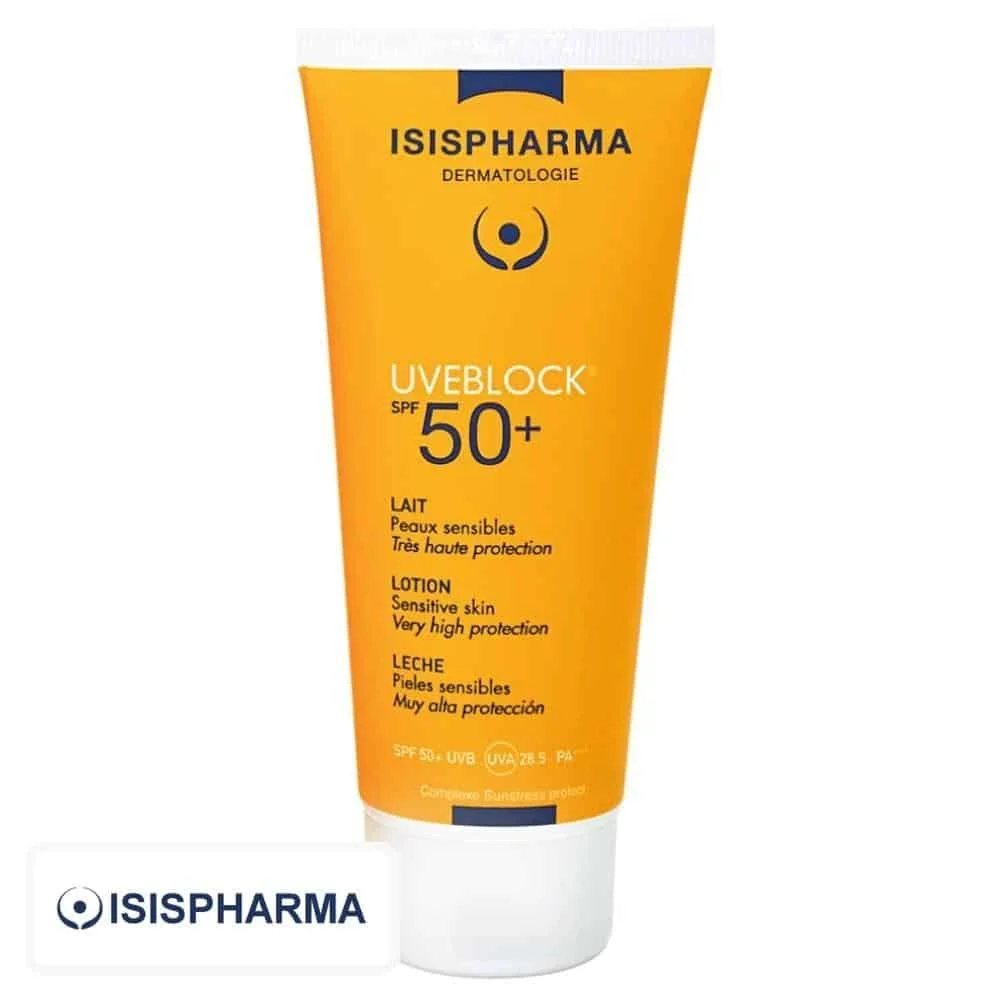 isispharma-uveblock-lait-spf50-100ml.jpg Tube orange Isispharma Uveblock SPF 50+ lait solaire peaux sensibles 100 ml