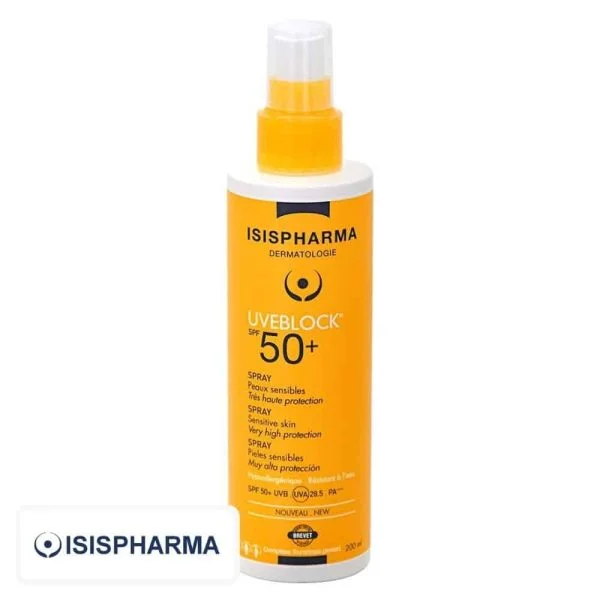 Flacon spray orange Isispharma Uveblock SPF 50+ protection solaire 200 ml