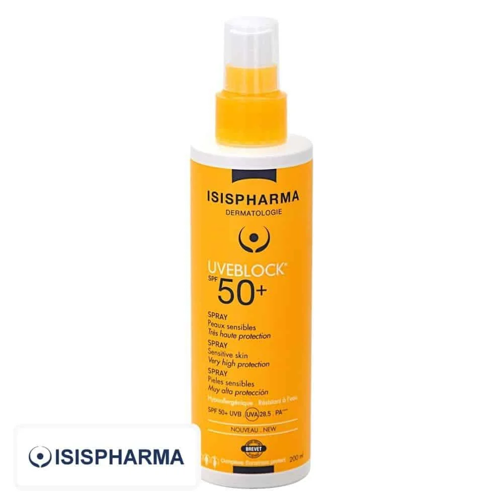 isispharma-uveblock-spf50-spray-200ml.jpg Flacon spray orange Isispharma Uveblock SPF 50+ protection solaire 200 ml