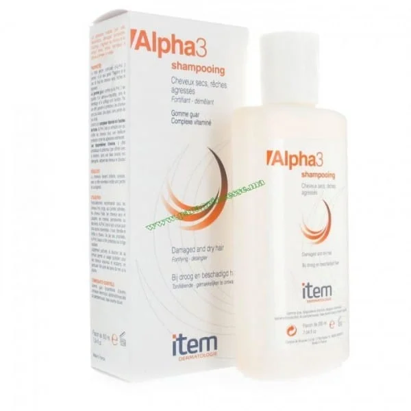 Flacon blanc Item Alpha3 shampooing et son étui orange, 200 ml