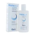 Flacon blanc Item Alphadoux shampooing et étui bleu clair, 200 ml