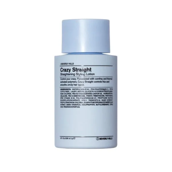 Flacon bleu clair J Beverly Hills Crazy Straight lotion coiffante lissante, 236 ml