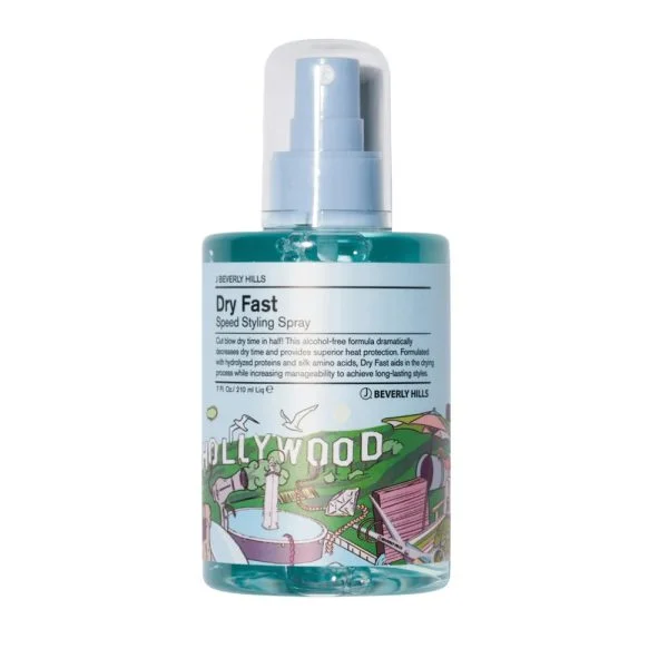 Flacon pompe turquoise J Beverly Hills Dry Fast spray coiffant, 210 ml