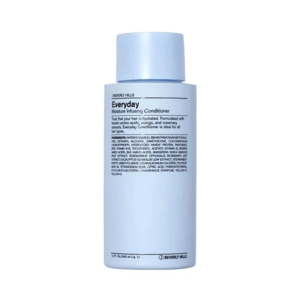 Flacon bleu clair J Beverly Hills Everyday, après-shampoing hydratant 340 ml