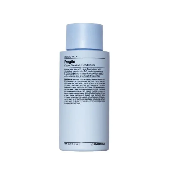 Flacon bleu clair J Beverly Hills Fragile, après-shampoing cheveux colorés 340 ml