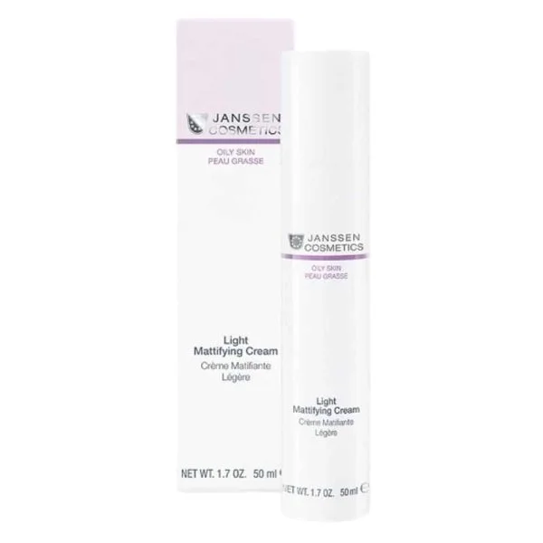 Flacon pompe blanc Janssen Cosmetics Oily Skin crème matifiante légère et étui