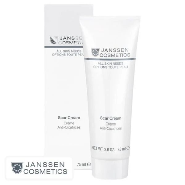 Tube blanc Janssen Cosmetics Scar Cream 75 ml posé devant son étui
