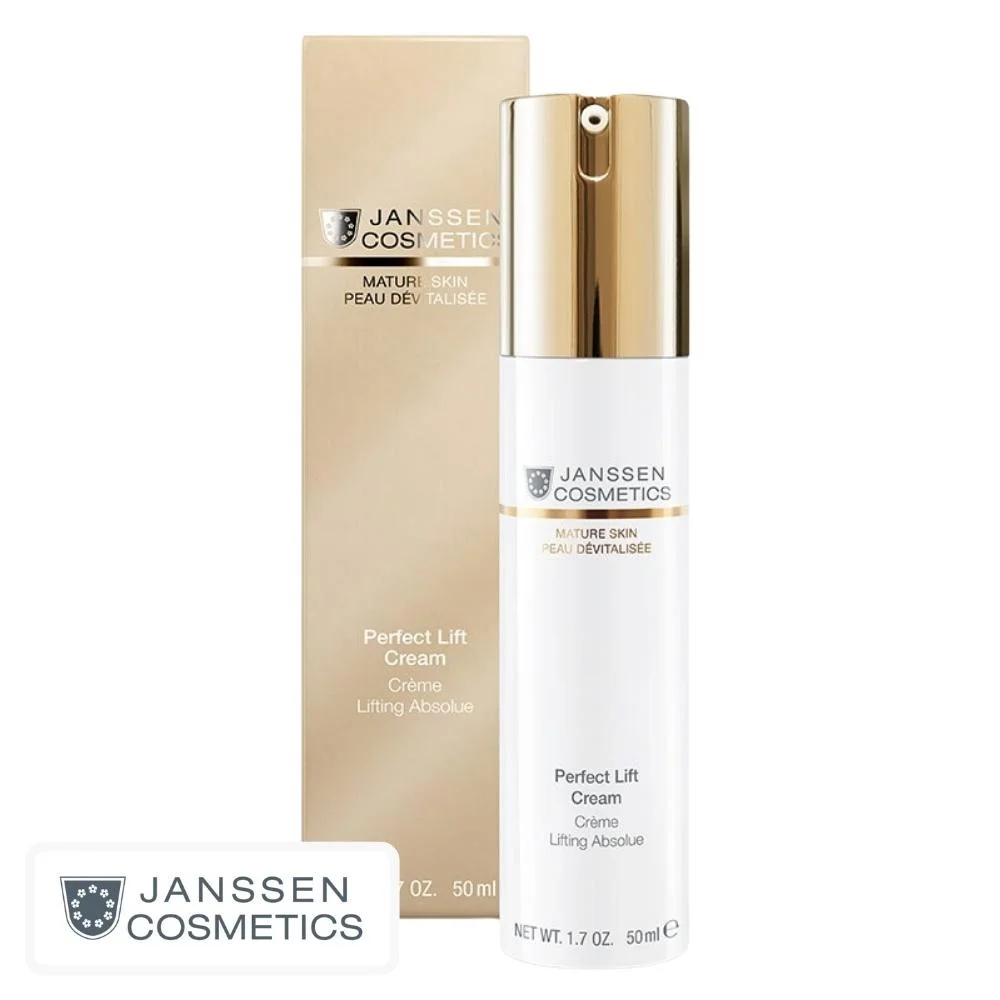 janssen-cosmetics-peau-devitalisee-creme-lifting-absolue-50ml.jpg Flacon pompe blanc à capot doré Janssen Cosmetics Perfect Lift Cream 50 ml