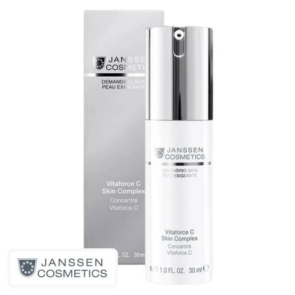Flacon pompe blanc Janssen Cosmetics Vitaforce C 30 ml et étui argenté