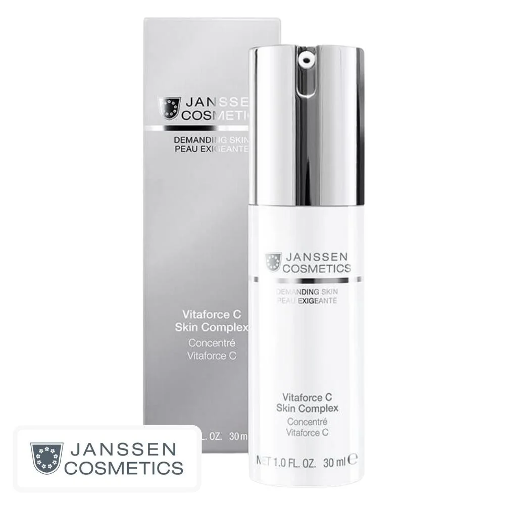 janssen-cosmetics-peau-exigeante-concentre-vitaforce-c-30ml.jpg Flacon pompe blanc Janssen Cosmetics Vitaforce C 30 ml et étui argenté