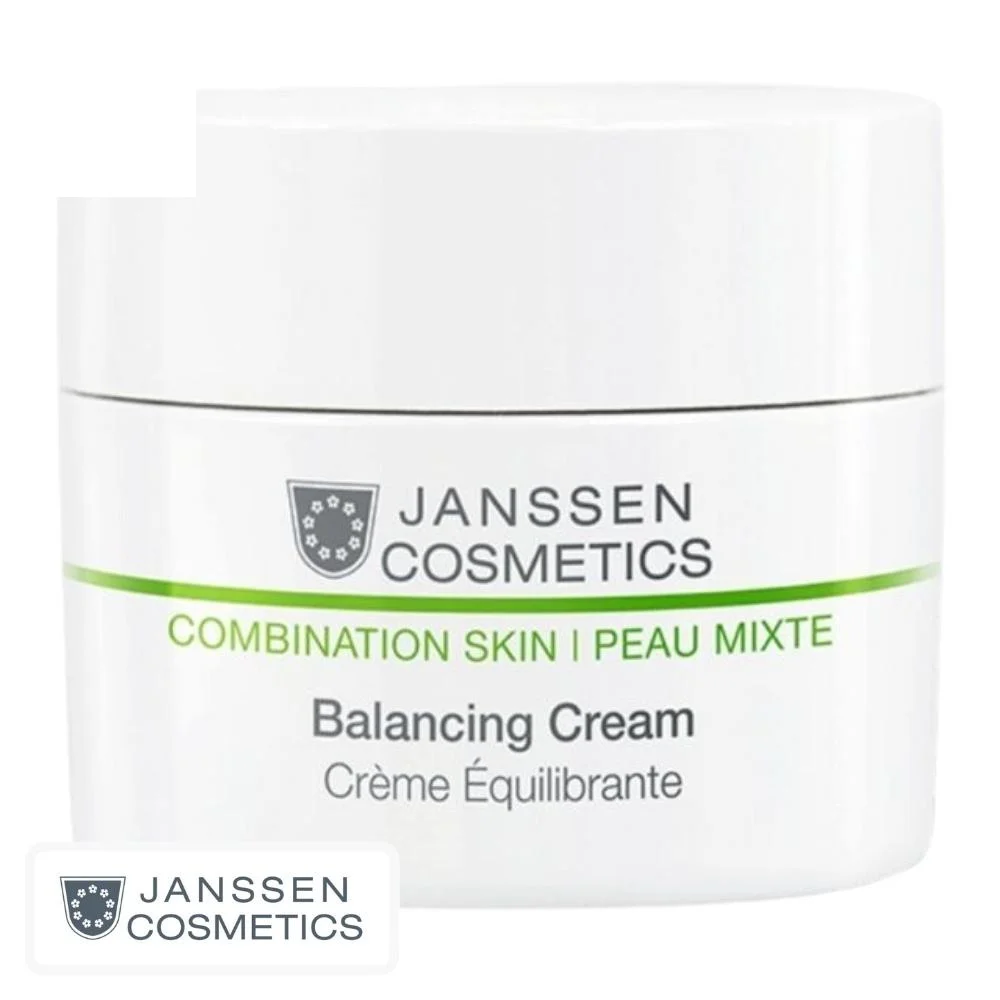 janssen-cosmetics-peau-mixte-creme-equilibrante-50ml.jpg Pot blanc Janssen Cosmetics Combination Skin crème équilibrante bandeau vert