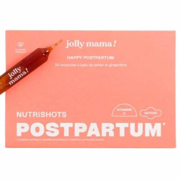 Boîte corail Jolly Mama Nutrishots Postpartum avec ampoule safran